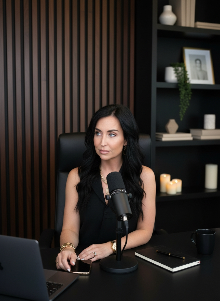 Madison reviewing content at her studio desk